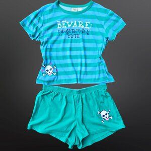 Y2K Striped Skulls Pajamas Set Shorts T Shirt Size L Green Blue Cute Emo Punk